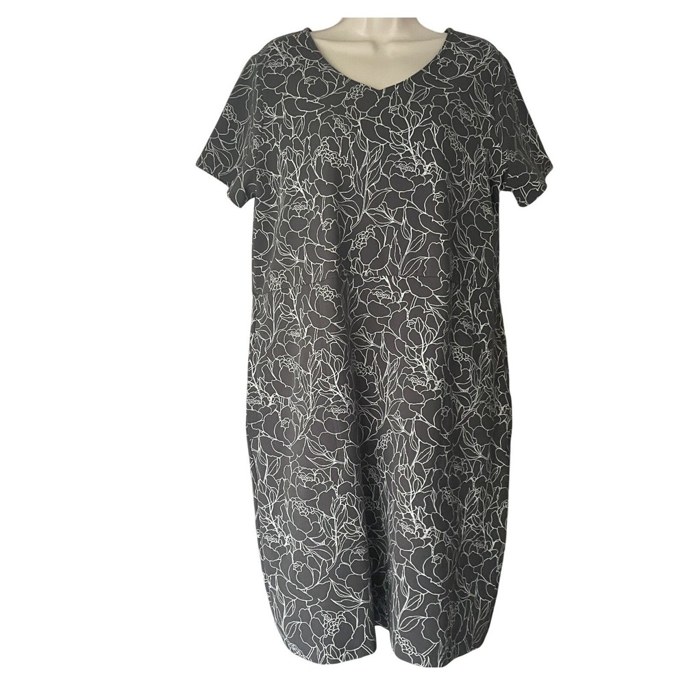 Duluth NoGA Naturale Cotton Dress Large Gray White Floral Pockets UPF 40